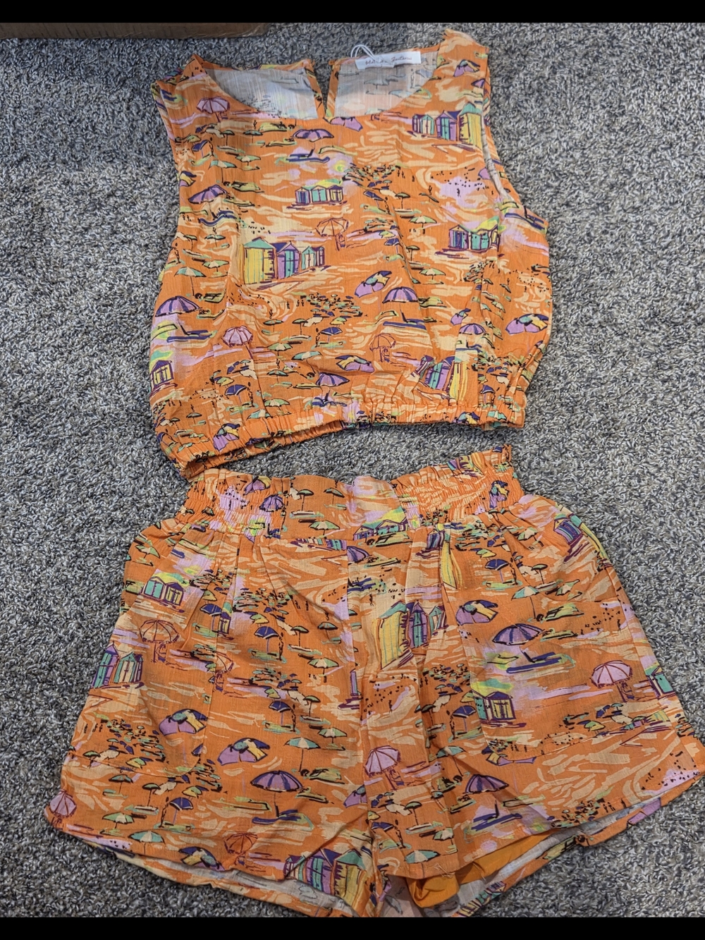 Orange Beach Print Two-Piece Set - Top & Shorts